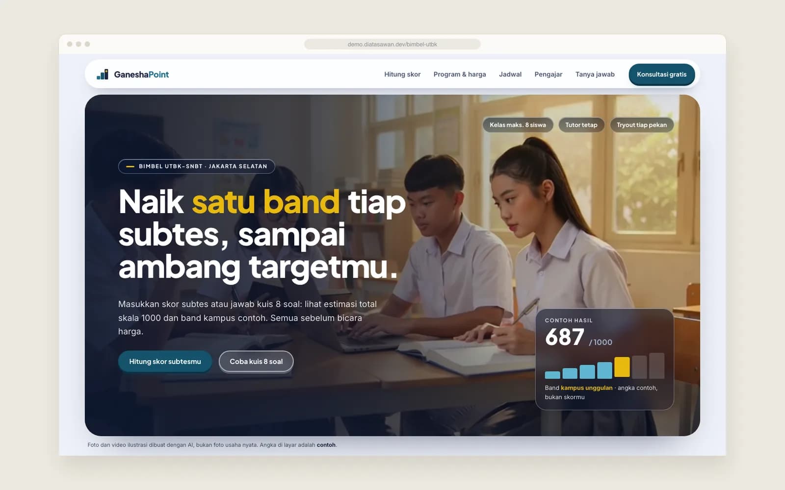 Bimbel UTBK-SNBT — Hero video dan kartu skor
