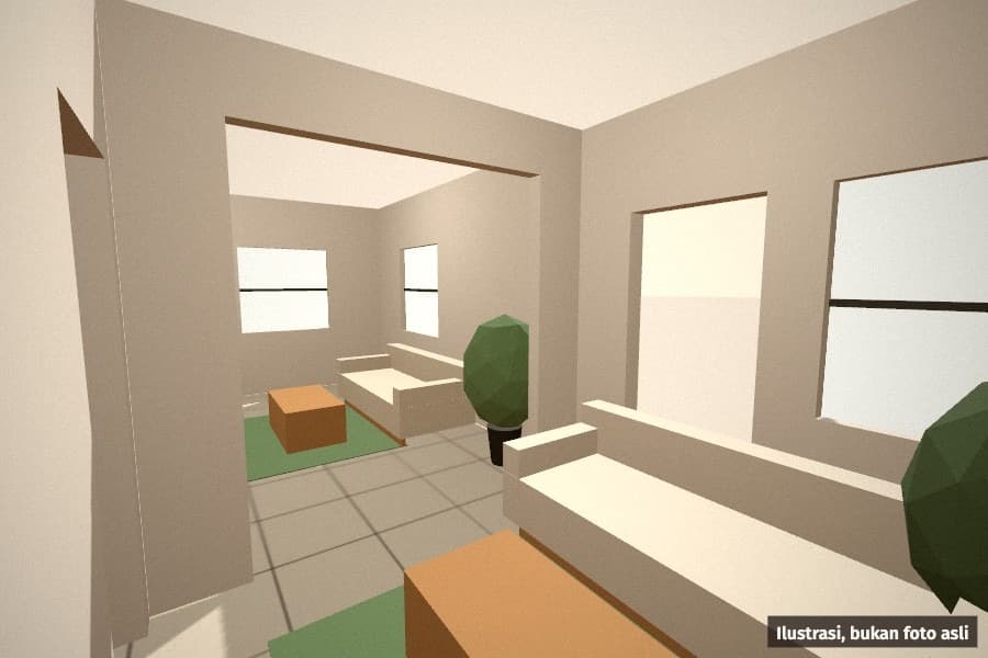 Render demo: ruang tamu — Render Mode demo (3D bergaya di browser, bukan model AI) dari kamera 1, bertanda ilustrasi.