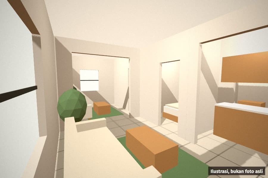 Render demo: ruang keluarga — Kamera 2 dengan papan gaya yang sama, jadi material dan perabot konsisten.