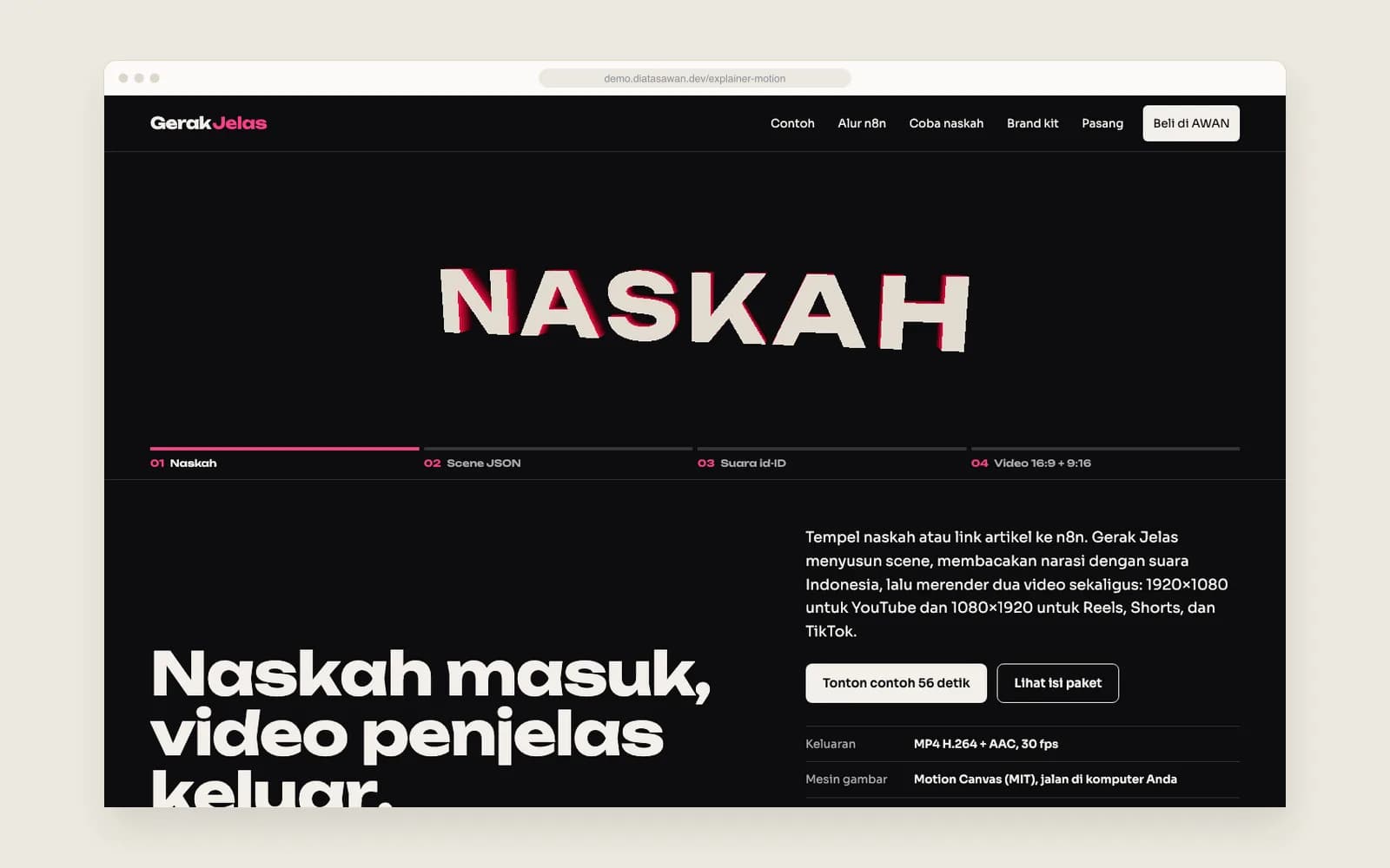 Gerak Jelas — Beranda dengan tipografi kinetik 3D