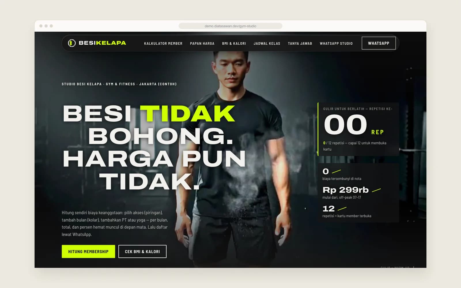 Studio Besi Kelapa — Hero: video latar dan penghitung repetisi