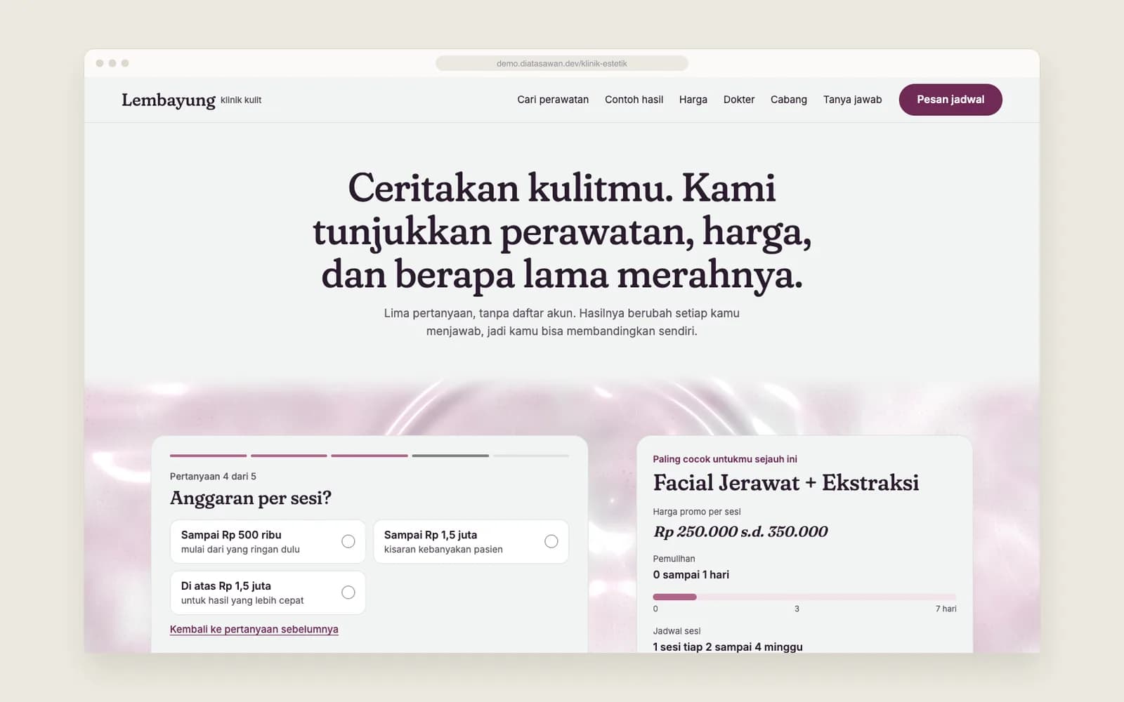 Klinik Estetik — Kuis dan panel hasil