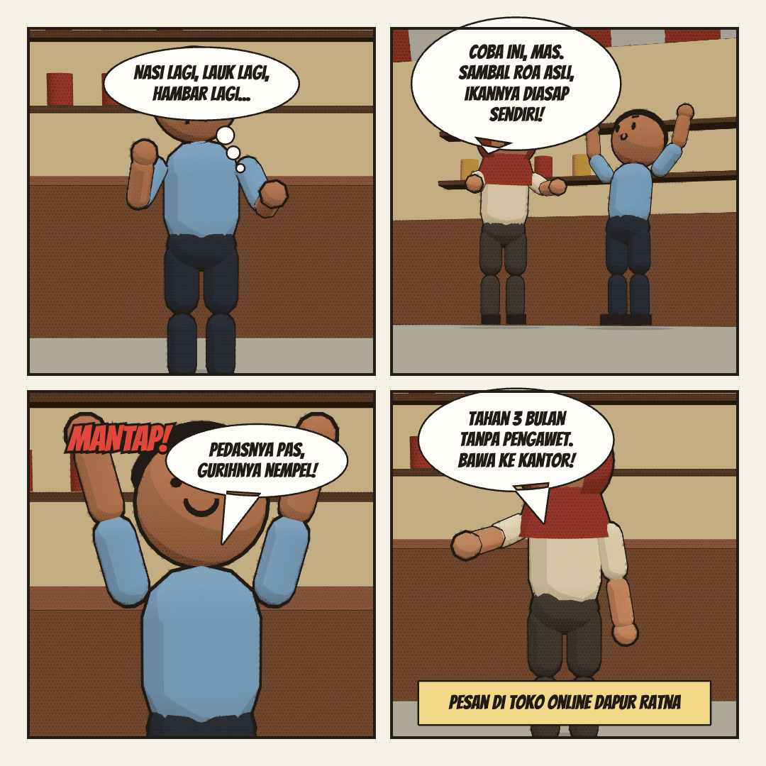 Strip WhatsApp: sambal roa — Empat panel promosi UMKM fiktif Dapur Ratna, 1080×1080, diekspor langsung dari aplikasi di Mode demo.