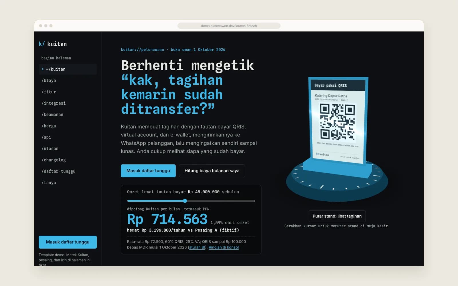 Launch Fintech — Hero, hasil kalkulator, dan stand QRIS 3D