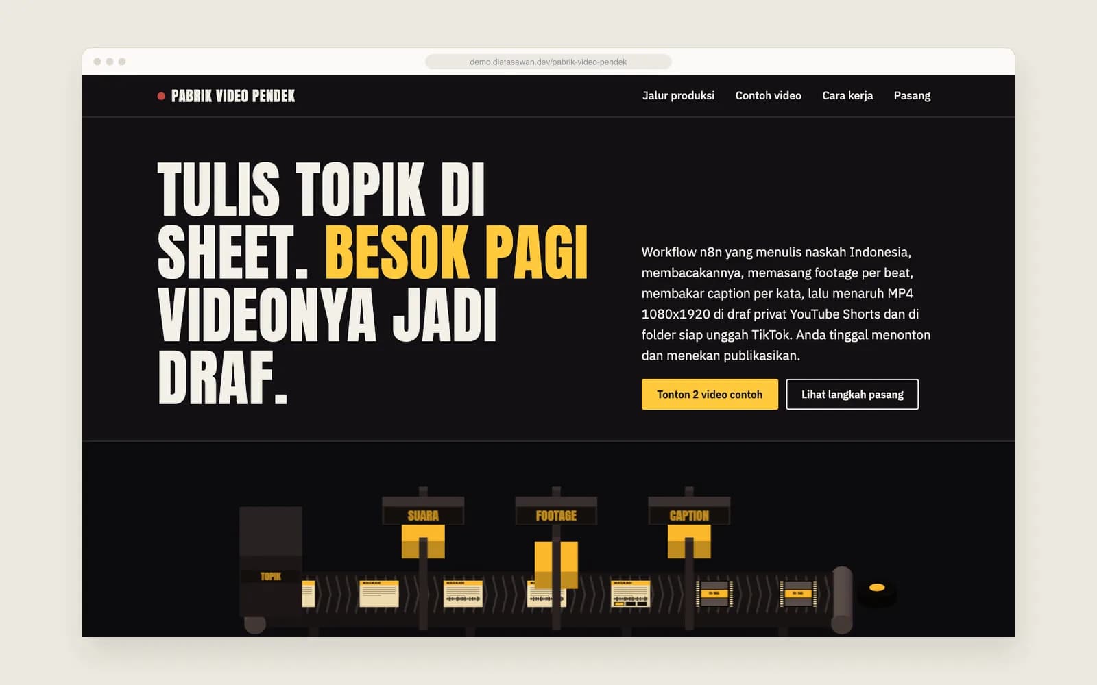 Pabrik Video Pendek — Beranda dengan ban berjalan 3D
