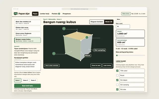 Kubus 3D berlabel, mode kuis
