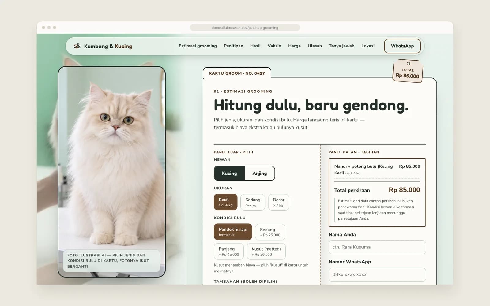 Petshop Kumbang & Kucing — Estimasi grooming: foto hewan + kartu groom