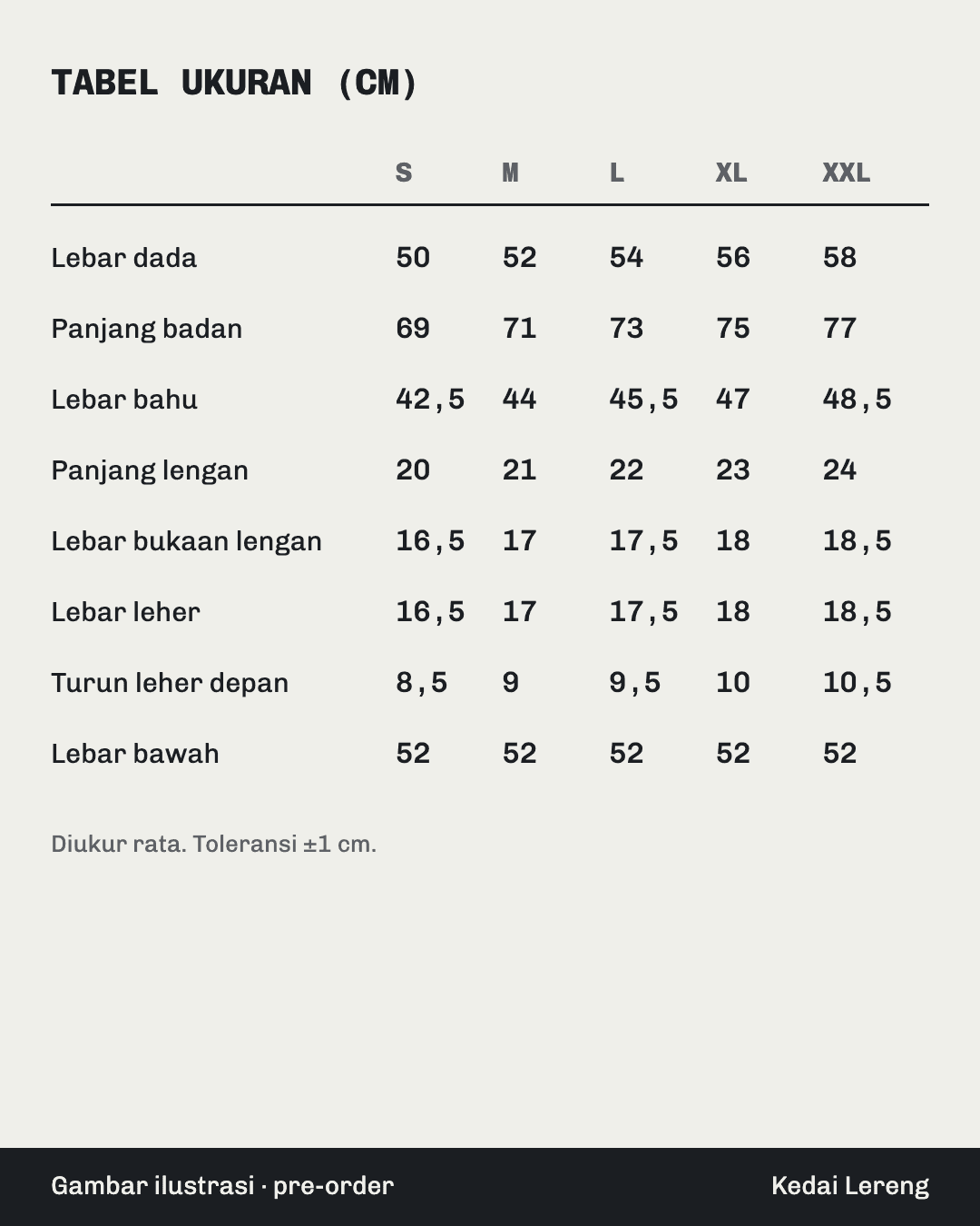 Slide pre-order: tabel ukuran — Hanya ukuran yang sudah dikonfirmasi yang masuk ke slide.