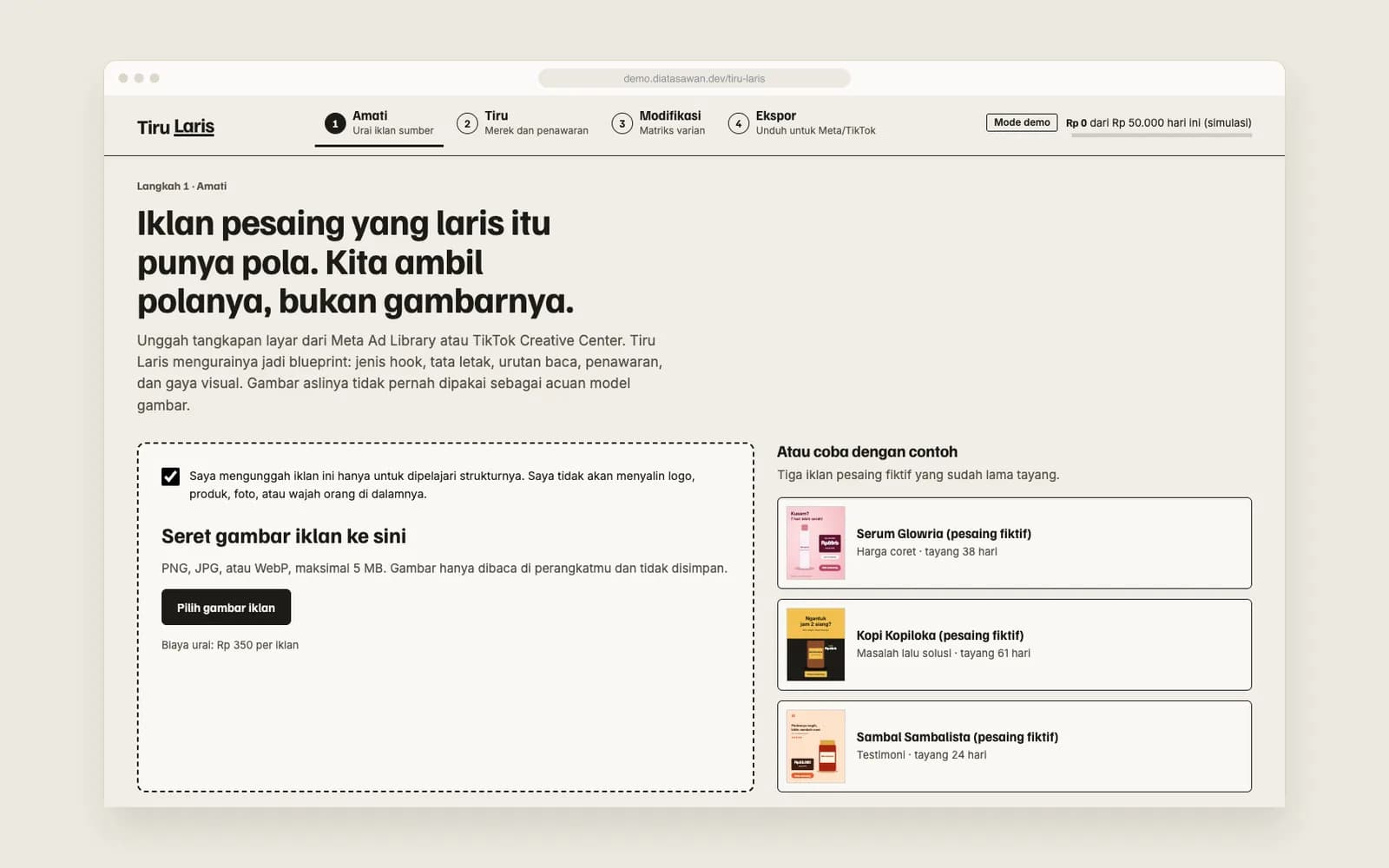 Tiru Laris — Amati: unggah iklan sumber