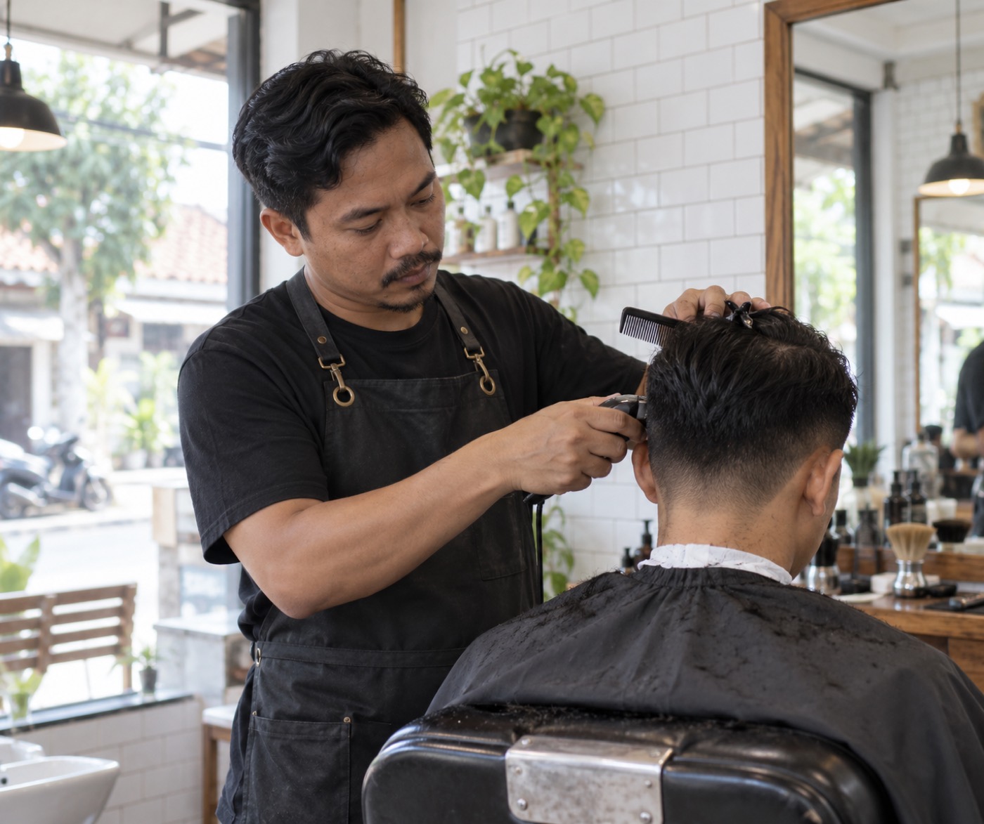 Barber merapikan sisi rambut pelanggan dengan clipper di barbershop yang terang, foto ilustrasi AI
