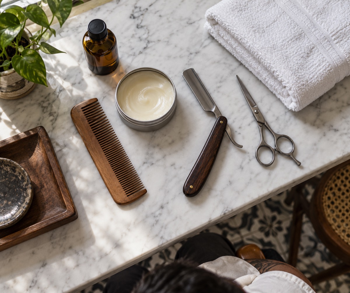 Perlengkapan barber di meja marmer: pomade, sisir kayu, pisau cukur, gunting, handuk, dan botol minyak