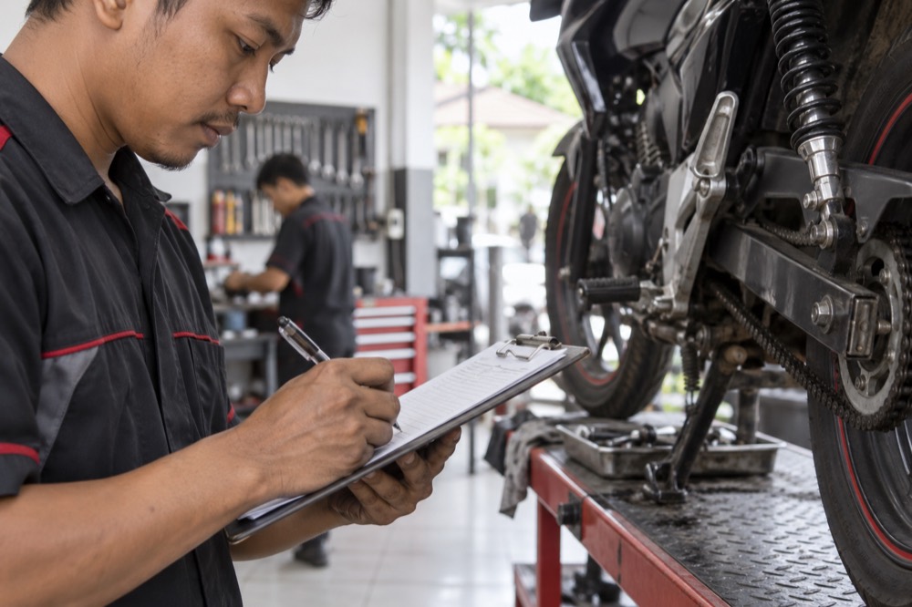 Mekanik menulis estimasi biaya di papan jepit di samping motor yang diangkat