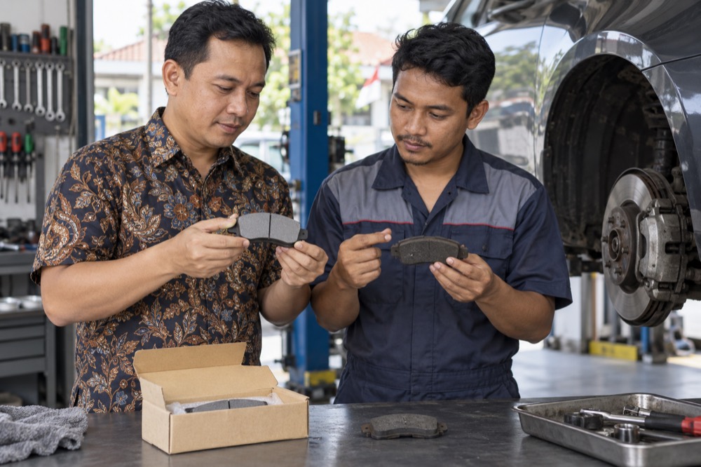 Pelanggan dan mekanik membandingkan kampas rem asli dan alternatif di meja kerja