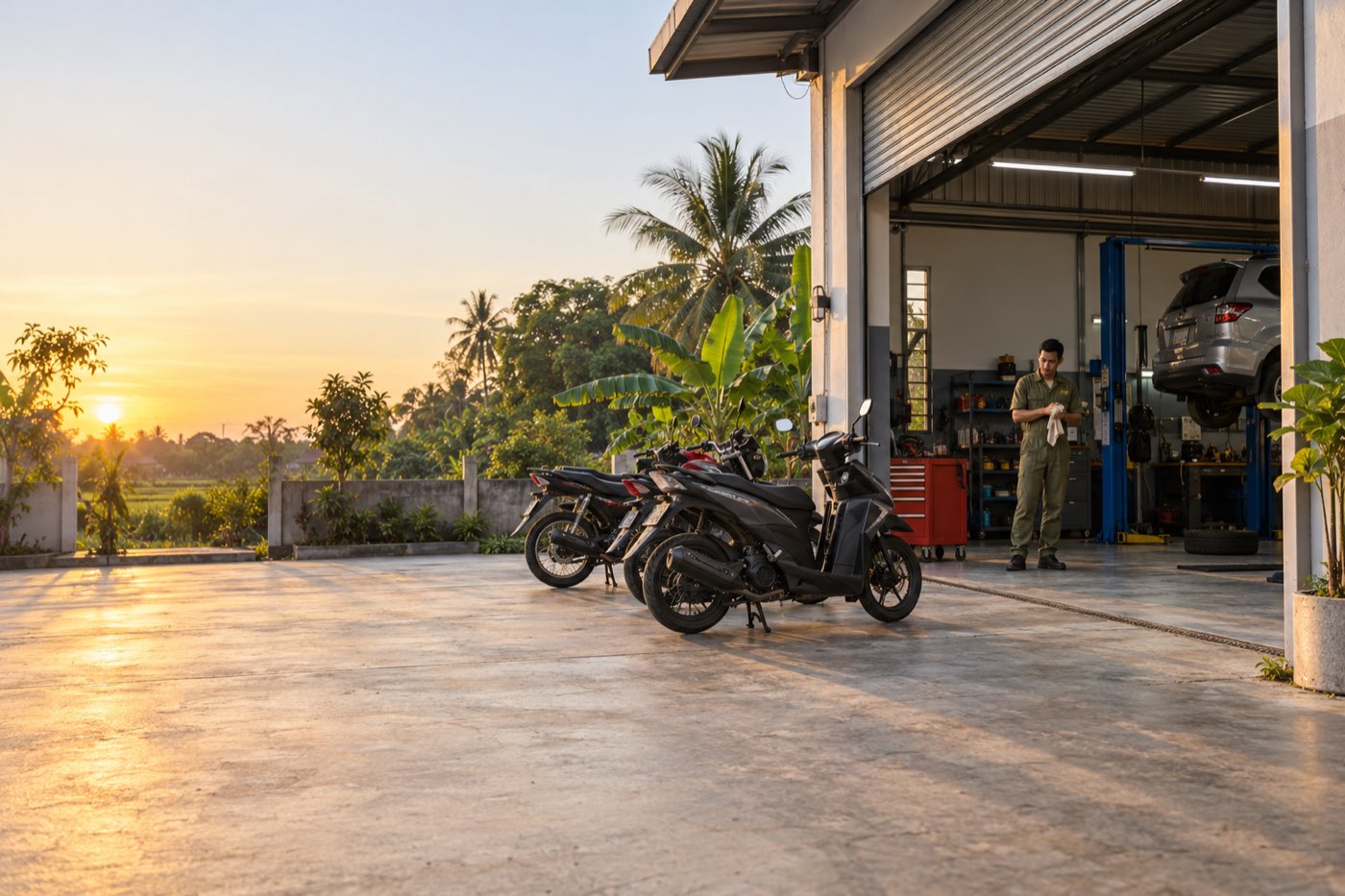 Halaman depan bengkel saat senja dengan beberapa motor terparkir dan mekanik di bay kerja