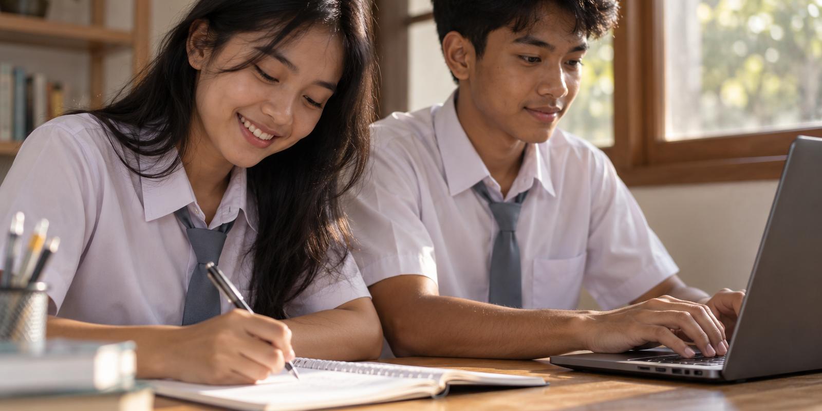 Siswi tersenyum sambil menulis di buku catatan, di samping teman lelakinya yang mengetik di laptop