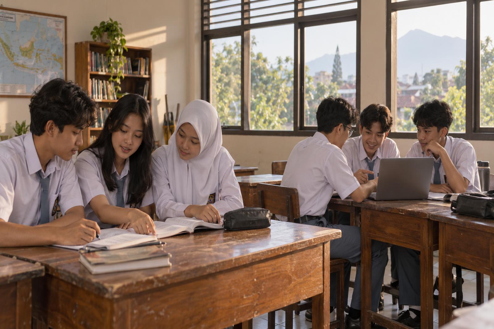 Enam siswa berseragam putih abu-abu belajar bersama di meja kayu kelas yang terang