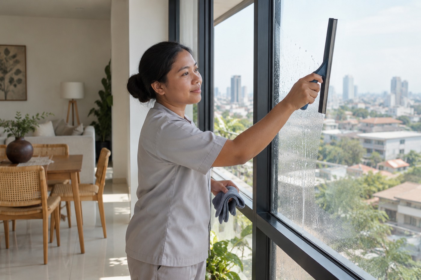 Petugas kebersihan membersihkan kaca jendela dengan squeegee di apartemen (foto ilustrasi AI)