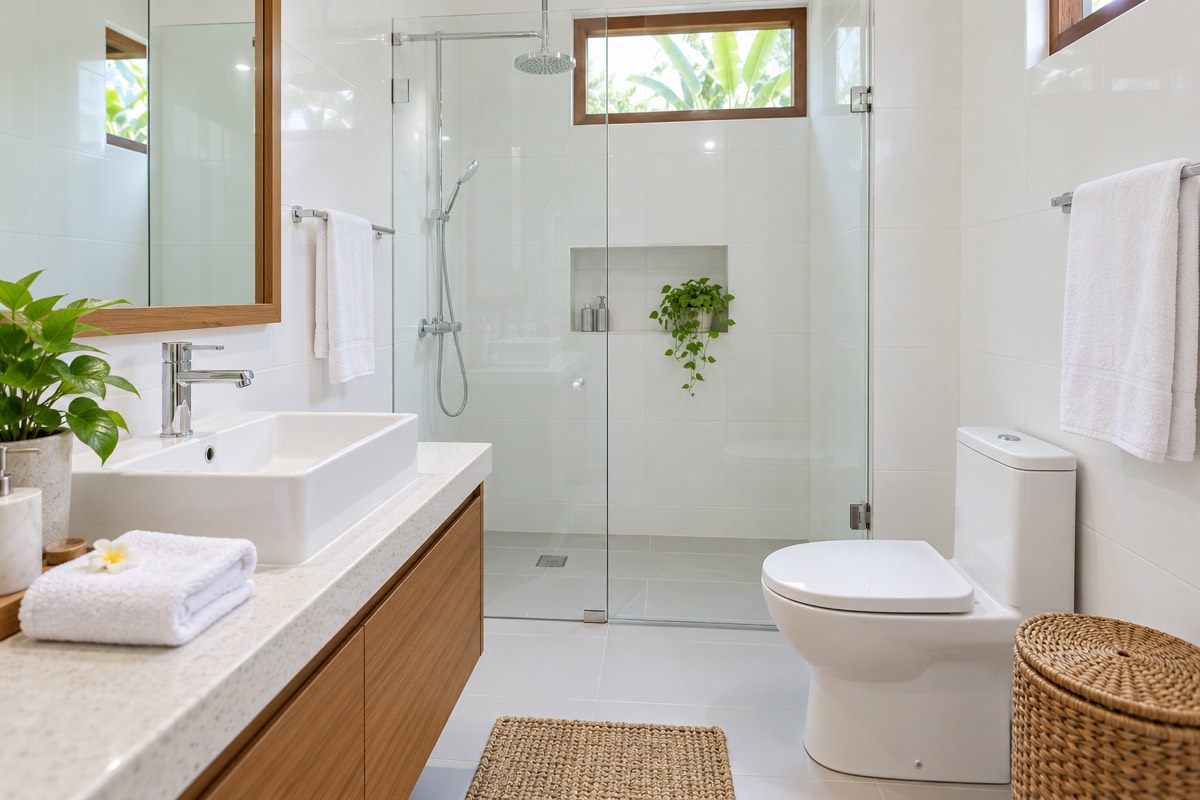 Kamar mandi putih bersih dengan kaca shower bening setelah deep clean (foto ilustrasi AI)