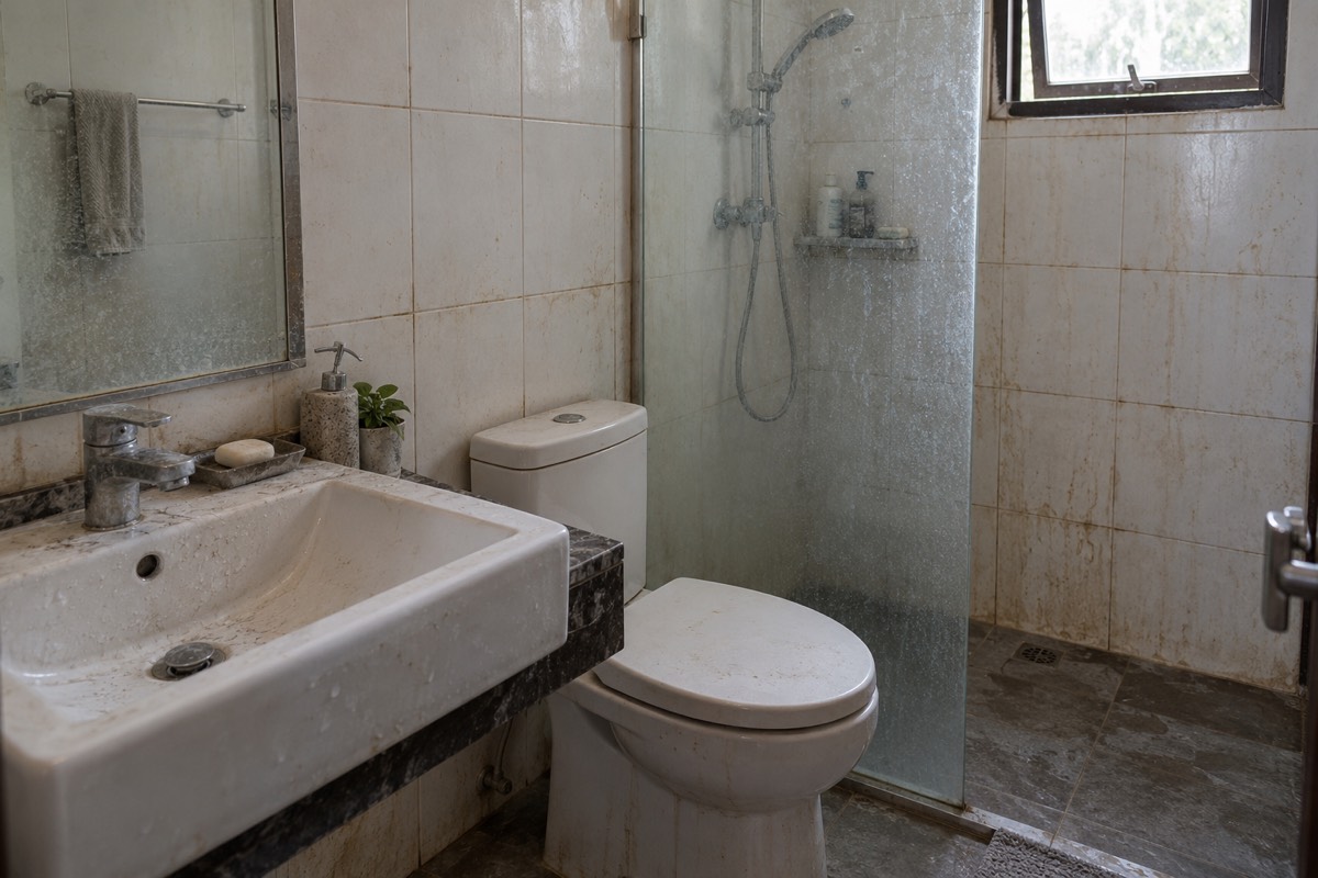 Kamar mandi dengan kerak kapur dan noda pada keramik dan kaca shower sebelum dibersihkan (foto ilustrasi AI)