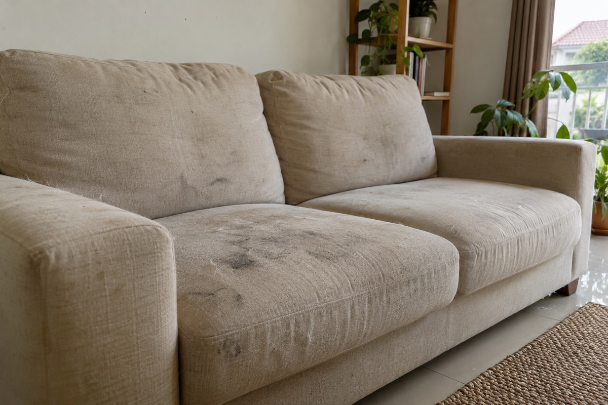 Sofa kain krem dengan noda dan bulu menempel sebelum dicuci (foto ilustrasi AI)