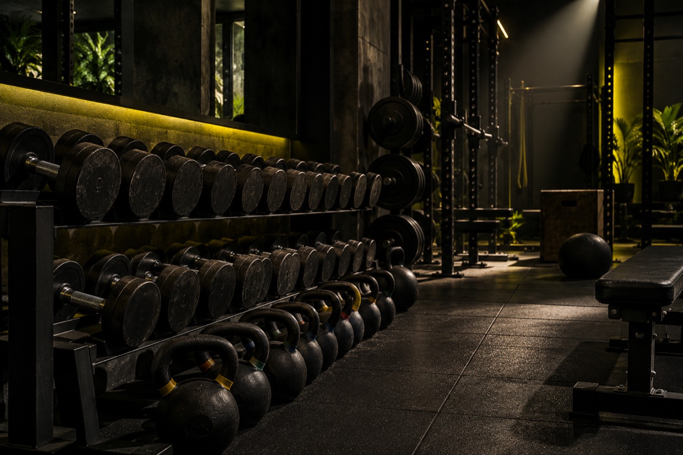 Rak dumbbell dan kettlebell berderet di studio gym dengan lampu kuning hangat dan lantai karet (foto ilustrasi AI)