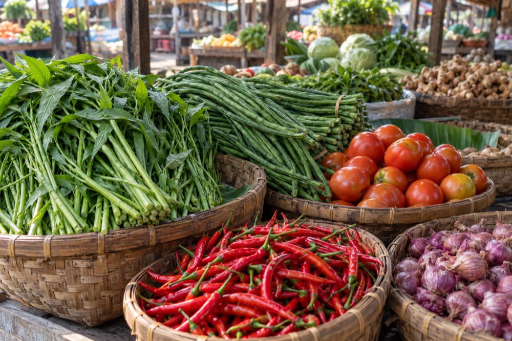 Keranjang anyaman berisi kangkung, kacang panjang, tomat, cabai merah, dan bawang merah di pasar pagi