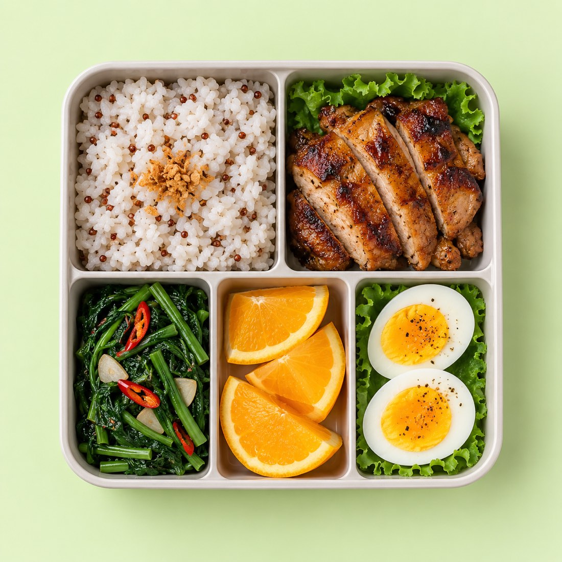 Kotak makan lima sekat berisi nasi beras merah, ayam panggang, tumis kangkung, jeruk, dan telur rebus