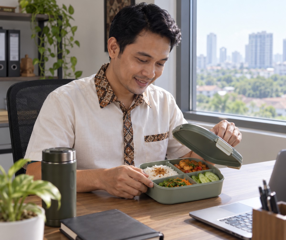Pekerja kantor berkemeja batik tersenyum membuka kotak makan siang di mejanya