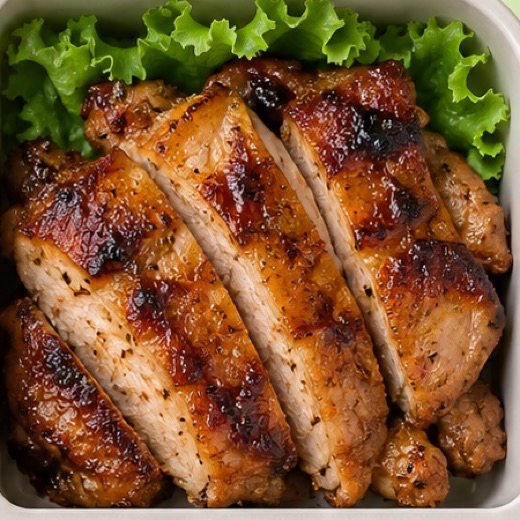 Ayam panggang bumbu kecap diiris di atas selada hijau