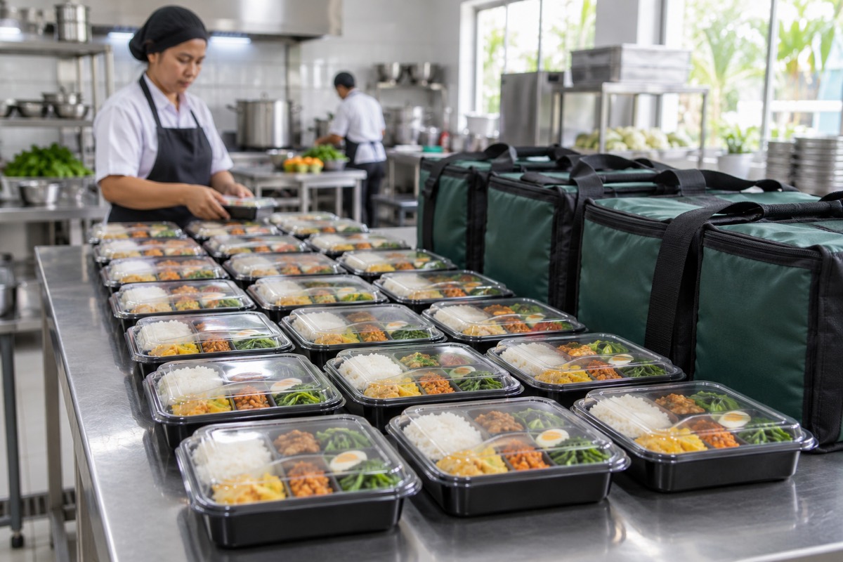 Deretan kotak makan tertutup siap diantar di meja stainless, dengan tas pengantar hijau di sampingnya