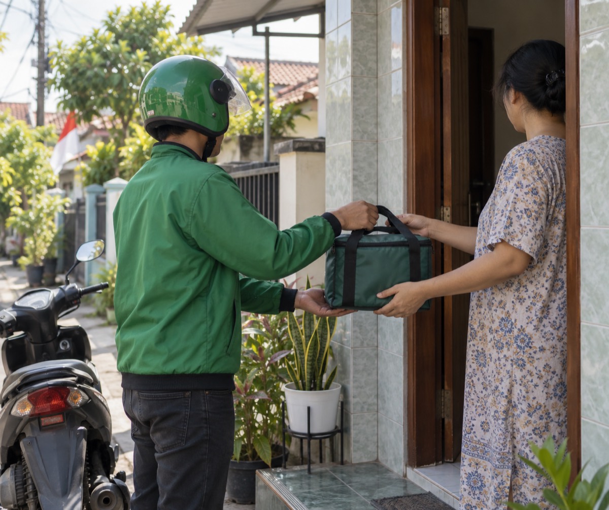 Kurir berjaket hijau menyerahkan tas pengantar makanan kepada penghuni rumah di depan pintu