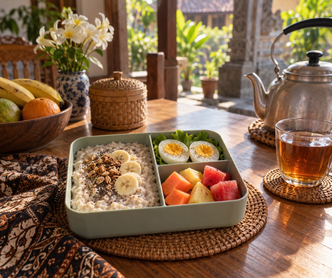 Kotak sarapan oatmeal pisang, telur rebus, dan buah potong di meja makan kayu dengan teh hangat