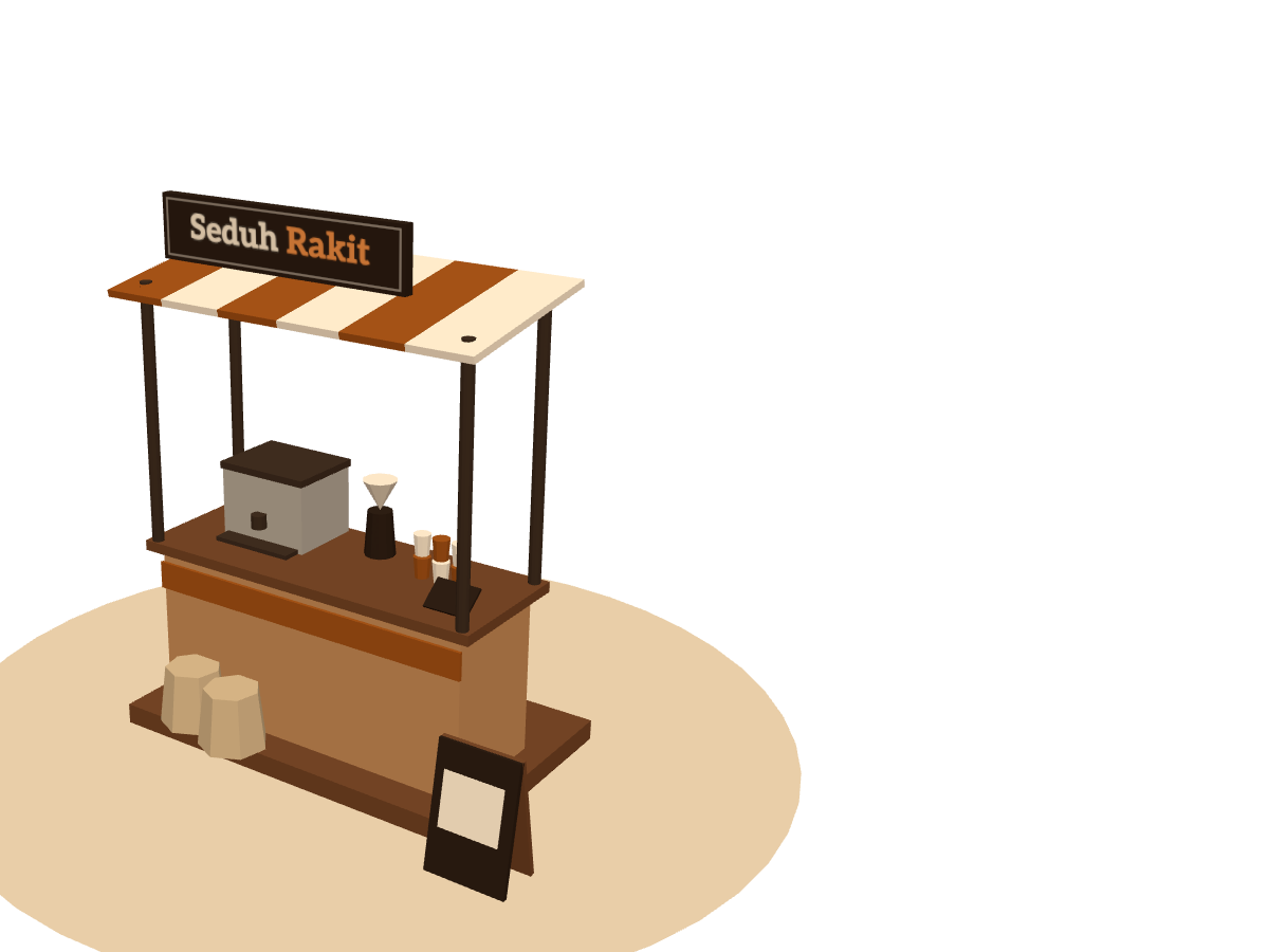 Gambar booth kopi Seduh Rakit yang sudah terakit: meja bar kayu, mesin espresso, kanopi oranye, dan papan nama.