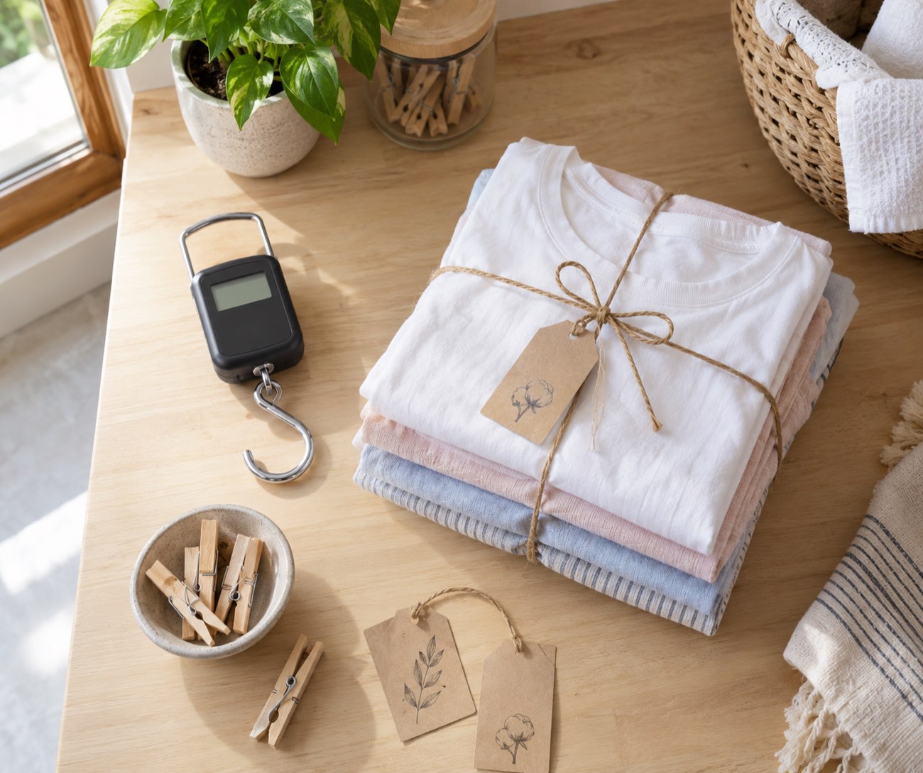 Timbangan gantung digital dengan bungkusan kaus terlipat terikat tali rami dan label kertas di meja kayu gerai laundry