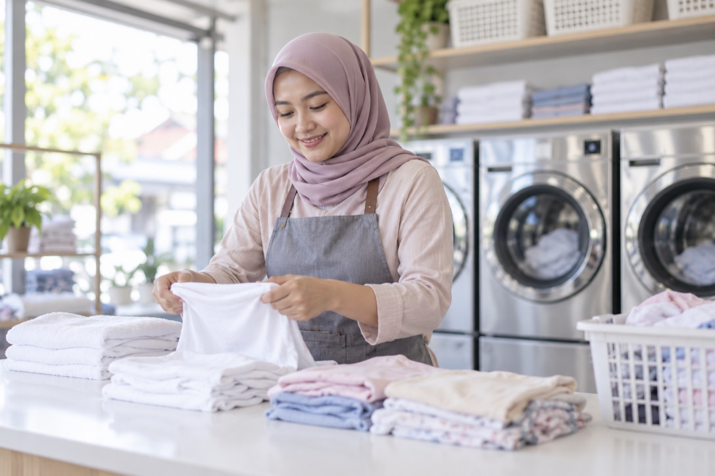 Karyawati berhijab melipat handuk putih bersih di meja kerja laundry yang terang