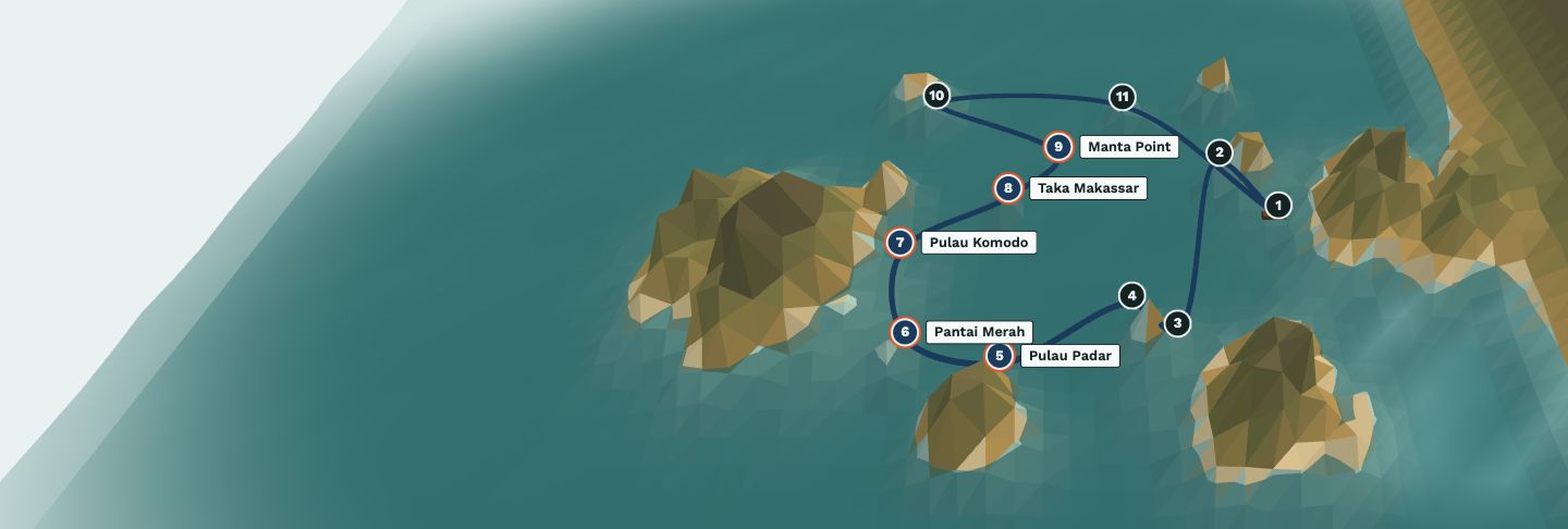 Peta ilustrasi kepulauan Komodo dengan garis rute dari Labuan Bajo ke Kelor, Rinca, Padar, Komodo, dan kembali.