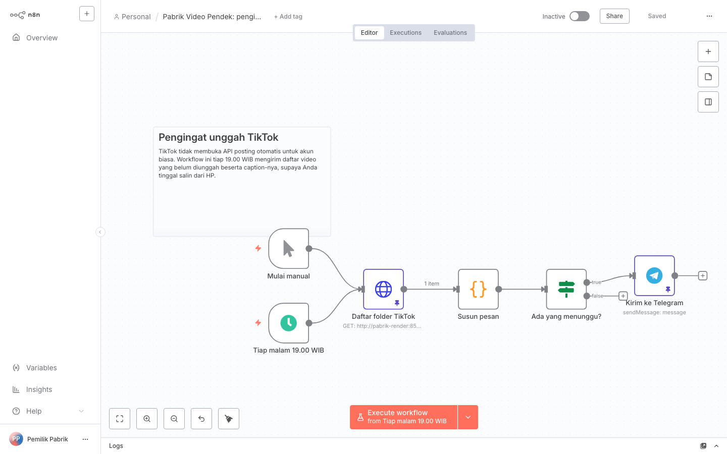 Kanvas n8n workflow pengingat unggah TikTok