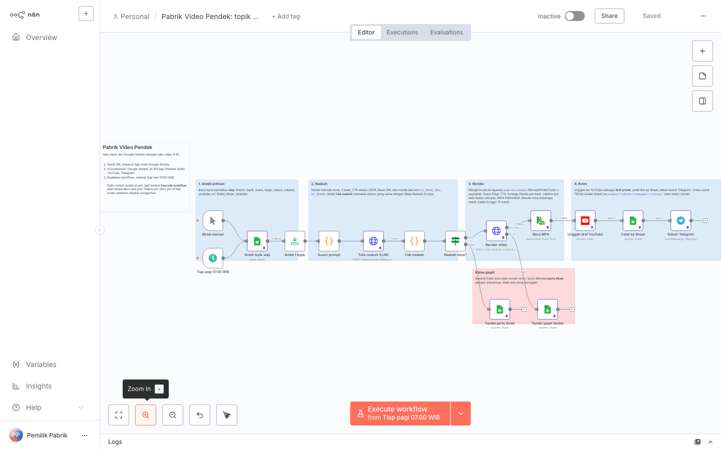 Kanvas n8n workflow Pabrik Video Pendek dengan node dari Mulai manual sampai Kabari Telegram