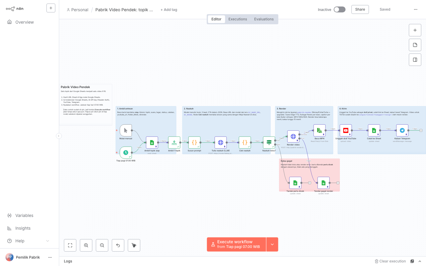 Eksekusi workflow di n8n, semua node yang dilewati berwarna hijau