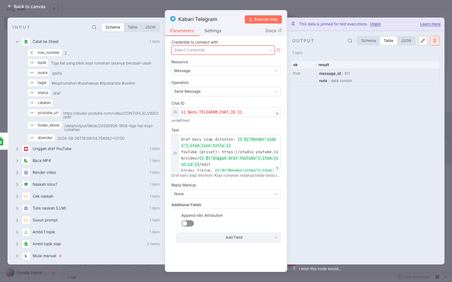 Isi pesan Telegram hasil eksekusi: judul draf, link YouTube Studio, dan folder TikTok
