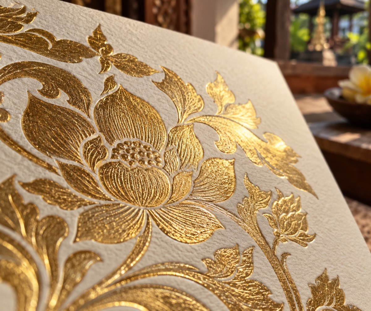 Close-up cetak panas emas berbentuk ornamen bunga pada kertas ivory tebal