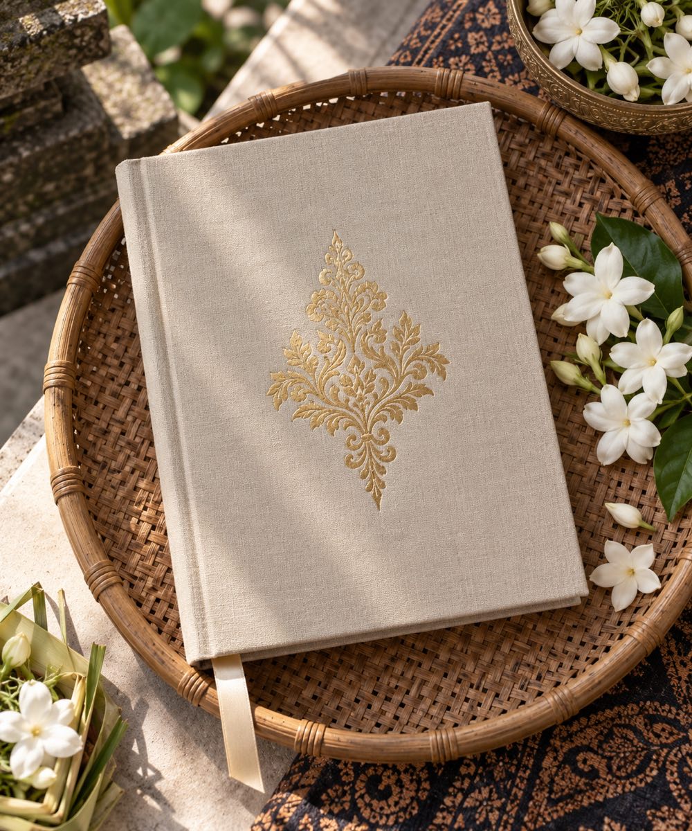 Undangan hardcover berbalut kain linen dengan pita, di atas nampan rotan dan bunga melati