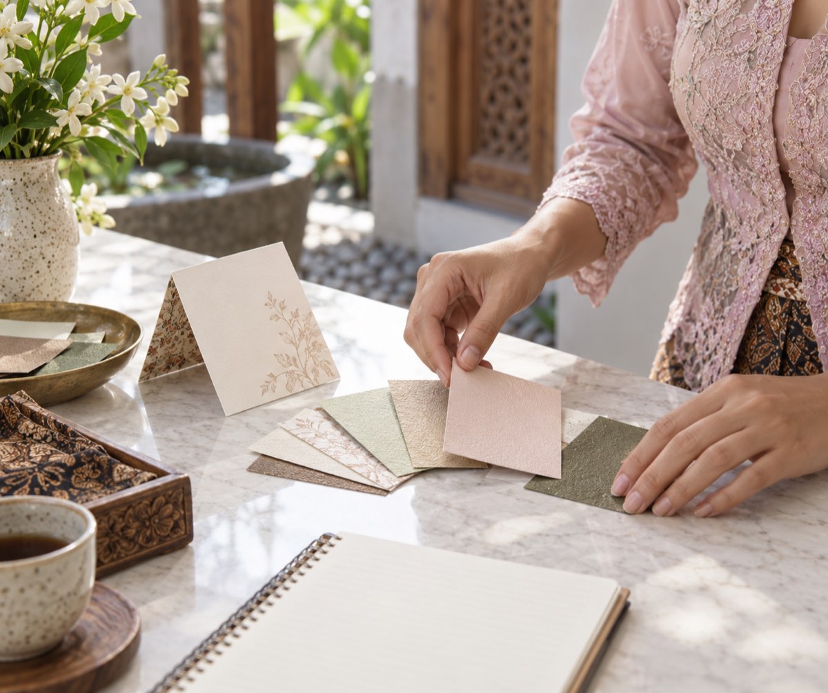 Potongan contoh kertas dan undangan mini jadi dikipas di atas meja, tangan memilih satu contoh