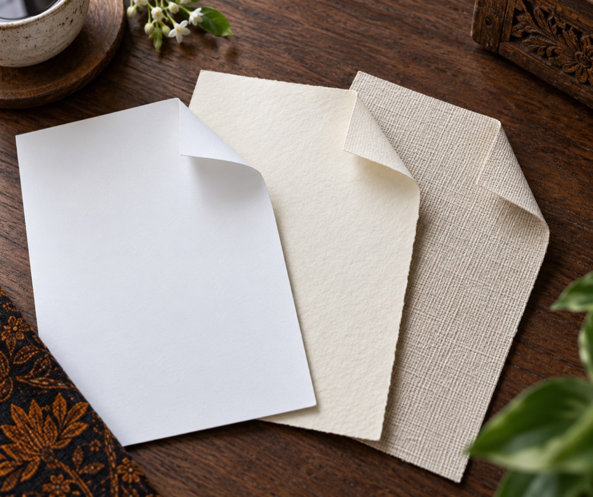 Tiga jenis kertas undangan dikipas di atas meja kayu: art carton putih, ivory krem, dan linen bertekstur