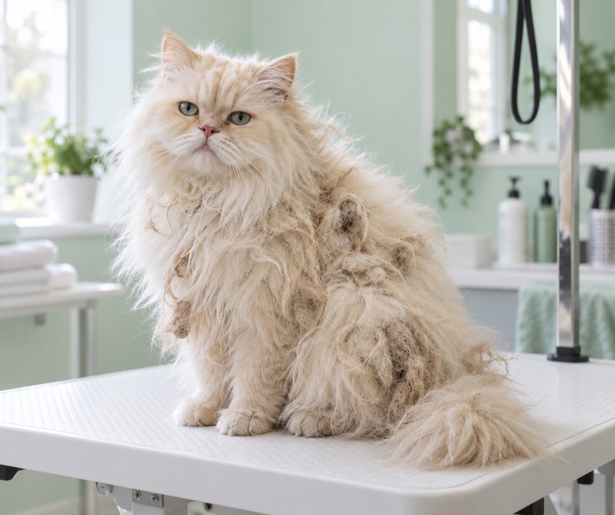 Kucing berbulu panjang dengan bulu kusut dan menggumpal di meja grooming (foto ilustrasi AI)