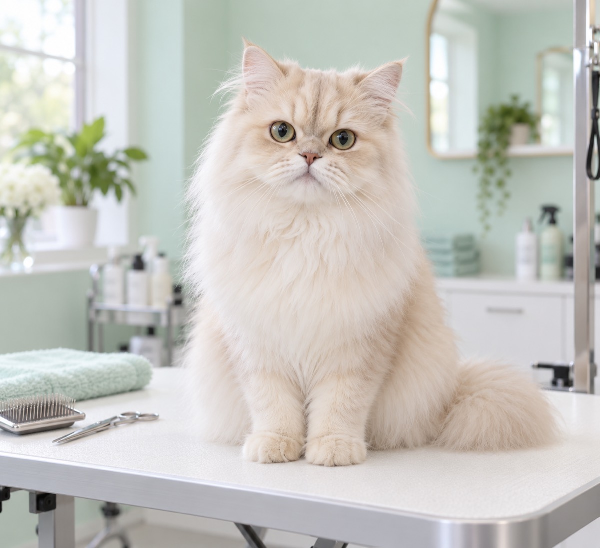 Kucing berbulu krem yang rapi dan bersih duduk di meja grooming (foto ilustrasi AI)