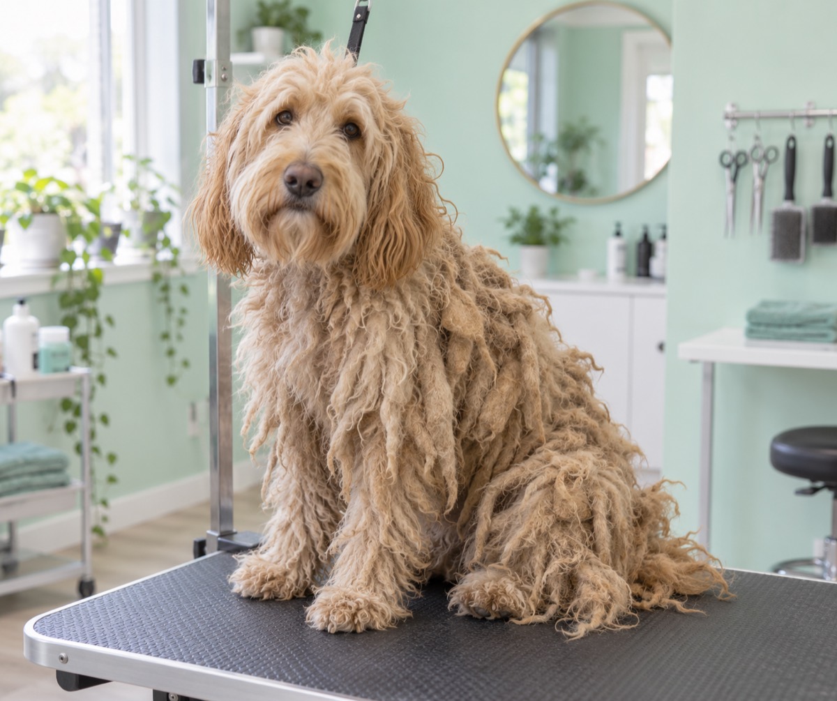 Anjing berbulu kusut menggumpal sebelum grooming (foto ilustrasi AI)
