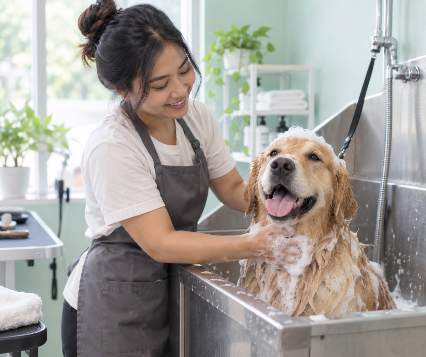 Groomer perempuan memandikan anjing di bak stainless dengan busa sabun (foto ilustrasi AI)